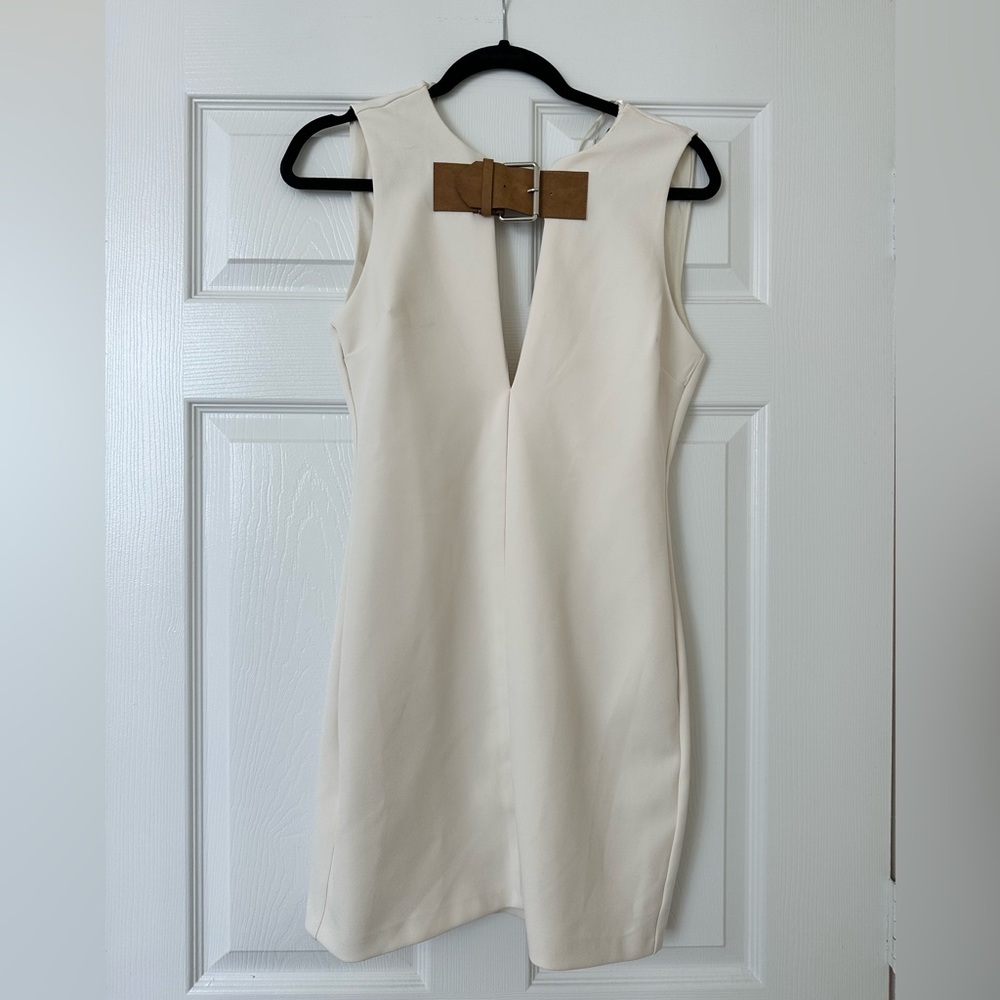 Elegant Cream Sleeveless mini Dress with Leather Accent